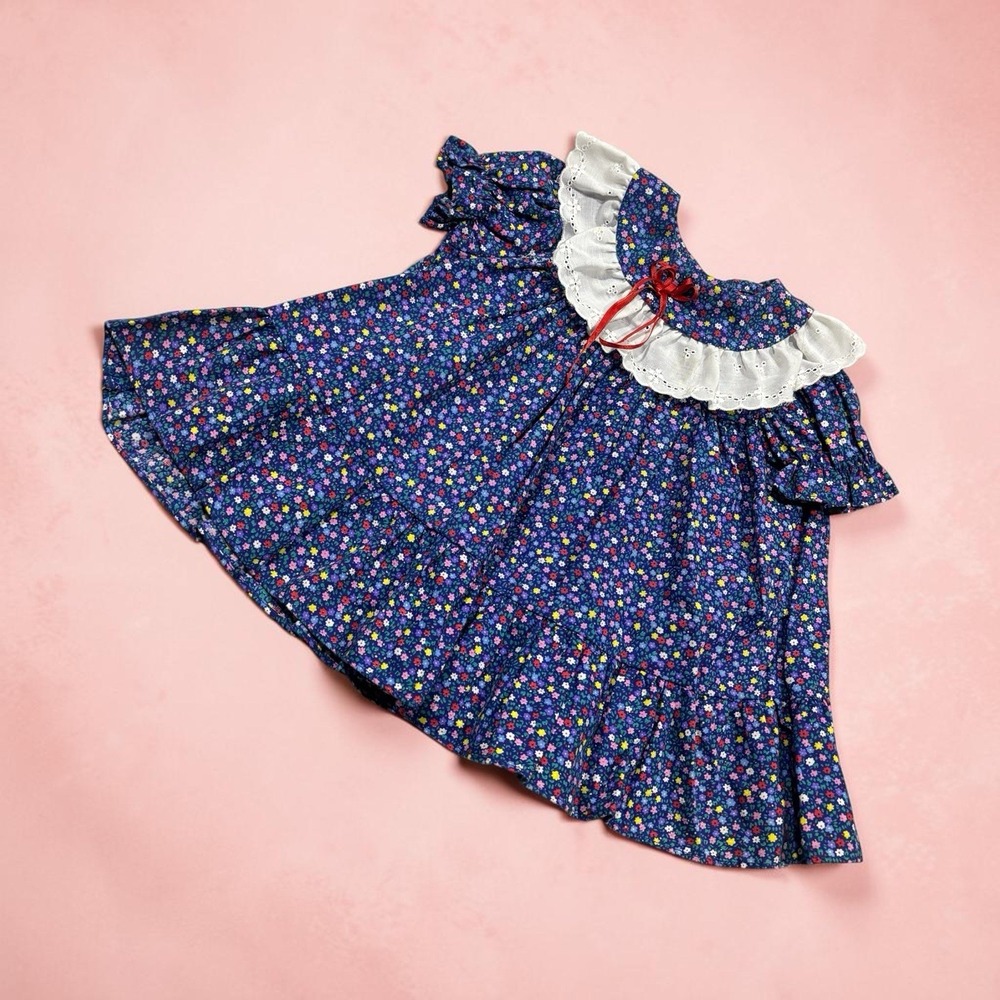 Vintage 80s Dress Navy Blue 12 M Floral Ruffles Collar Spring Summer Lil Airess